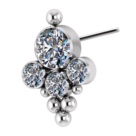 Titanium Threadless End with 1 Tri-bead Cluster 4 Zirconia bezel set 